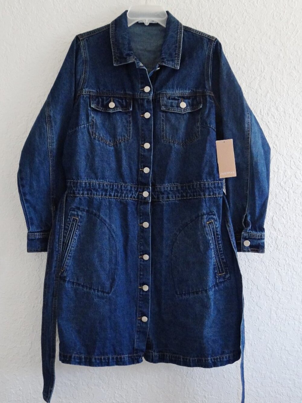 JUSTFAB Women's 1X Denim Button Front Belted Jean Jacket Dark Wash Blue